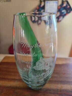 Lenox Irish blessing art glass vase with an etched  cottage scene and quote